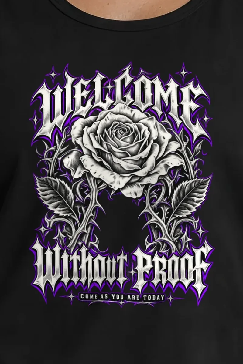 "Welcome Without Proof" Unisex Jersey Tank - the graphic up close