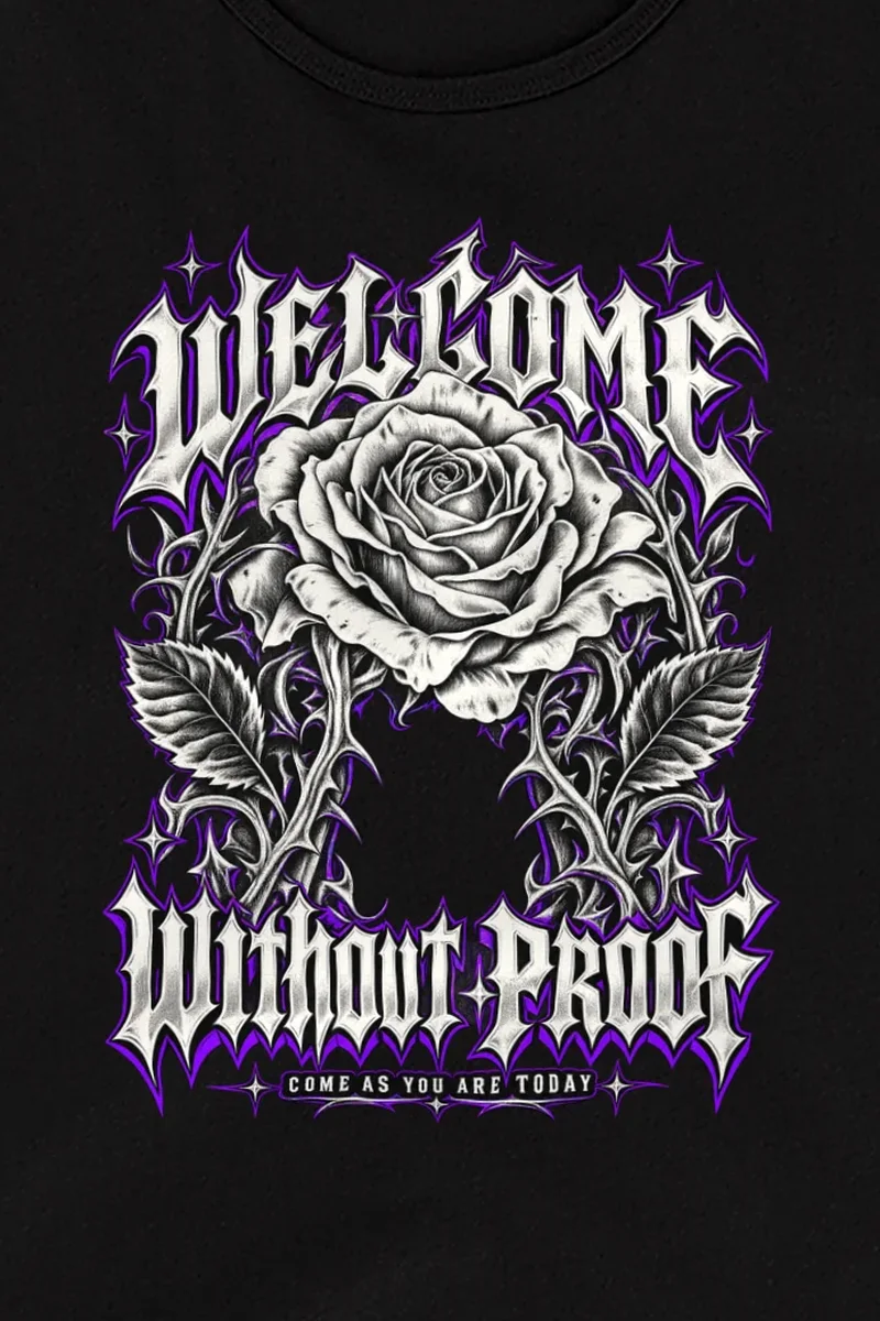 "Welcome Without Proof" Unisex Jersey Tank - the graphic up close