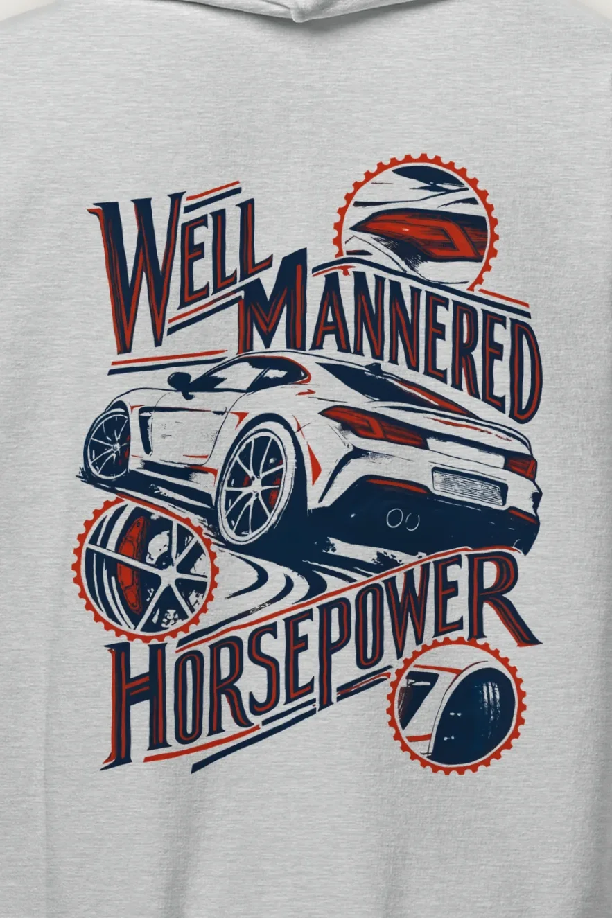 "Well Mannered Horsepower" Heavy Blend Unisex Pullover Hoodie - the graphic up close