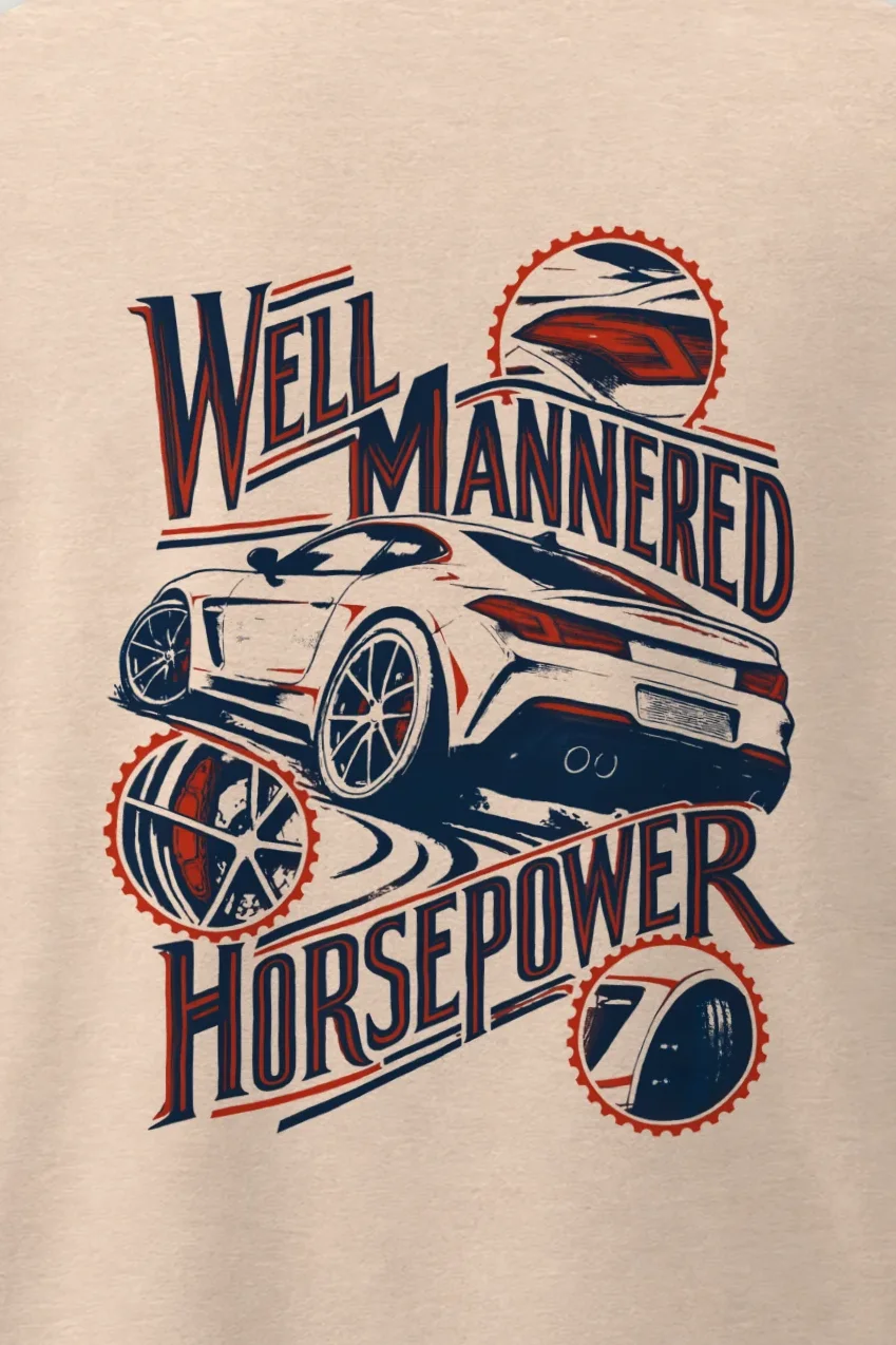 "Well Mannered Horsepower" Men’s Oversized Heavyweight Crewneck T-Shirt - the graphic up close
