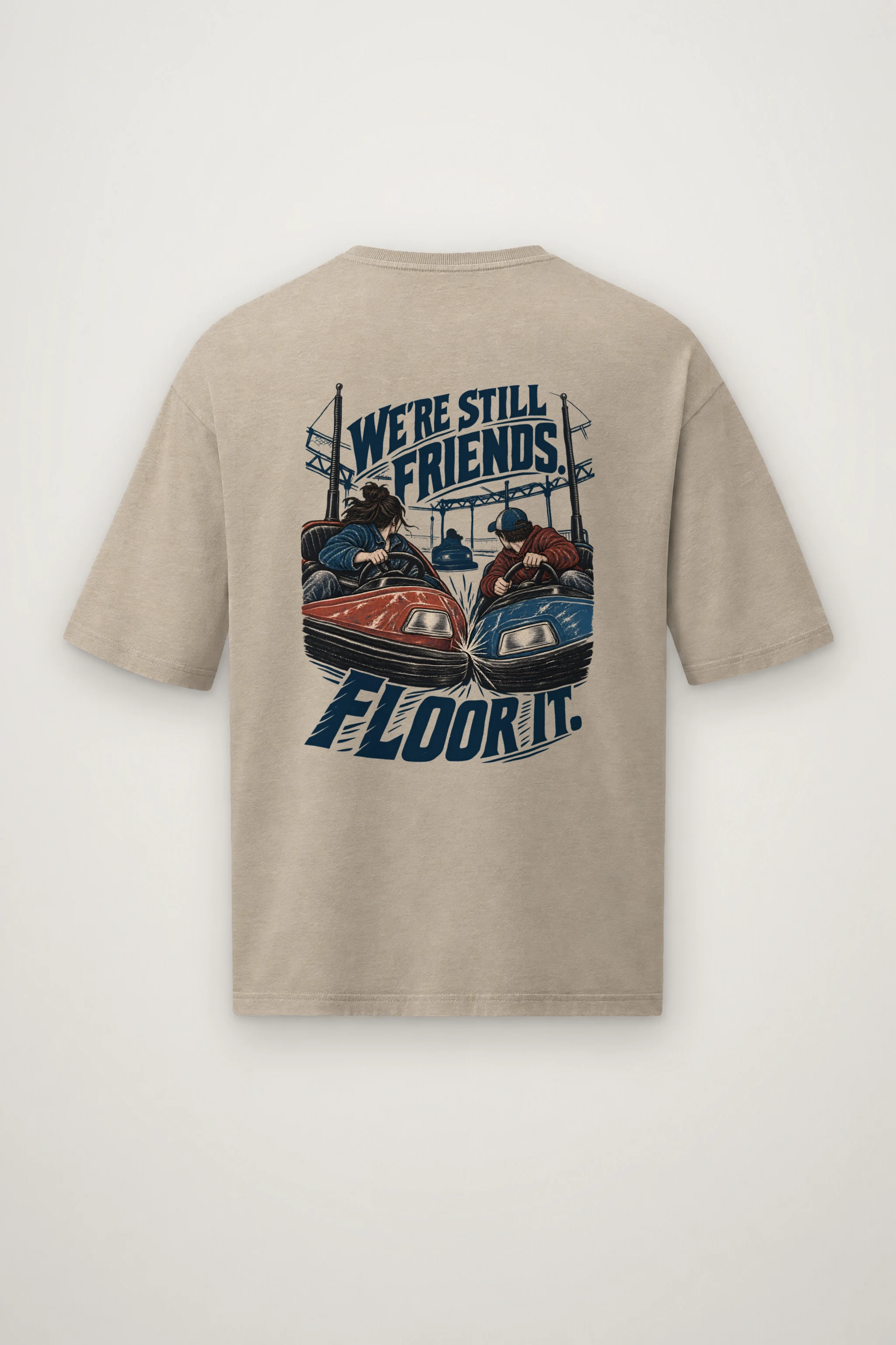 "We're Still Friends. Floor It." Men's Oversized Heavyweight Crewneck T-Shirt