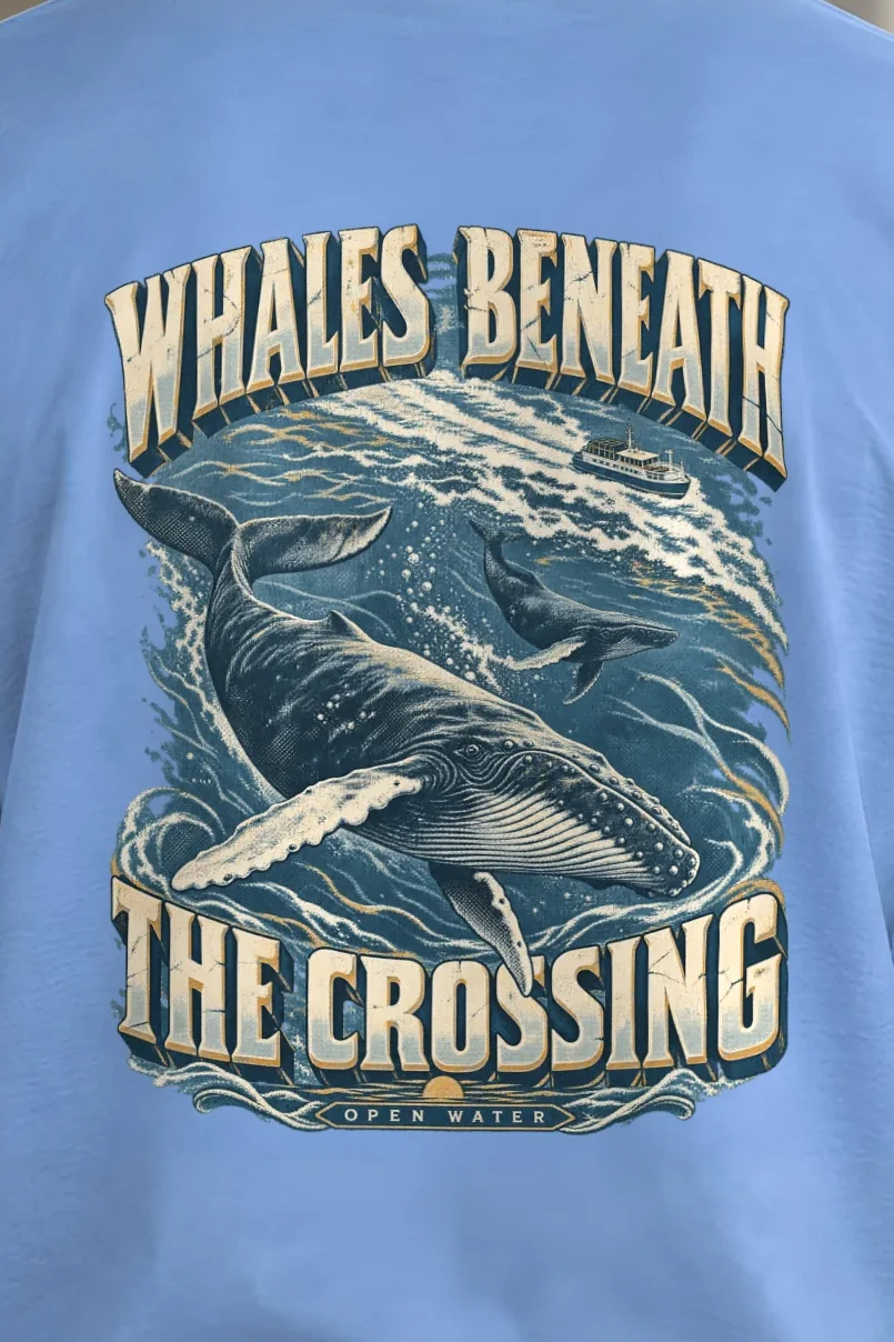 "Whales Beneath the Crossing" Unisex Longsleeve T-shirt - the graphic up close