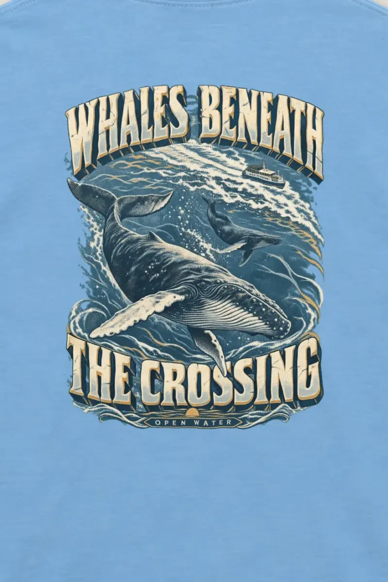 "Whales Beneath the Crossing" Unisex Longsleeve T-shirt - the graphic up close