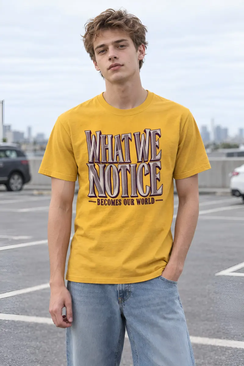"WHAT WE NOTICE BECOMES OUR WORLD" Heavyweight Unisex Crewneck T-shirt