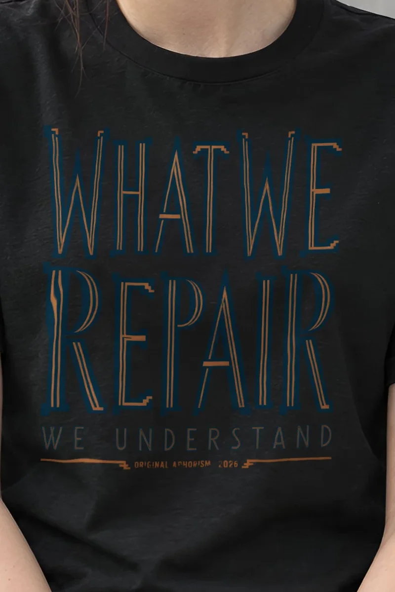 "What We Repair We Understand" Heavyweight Unisex Crewneck T-shirt - the graphic up close
