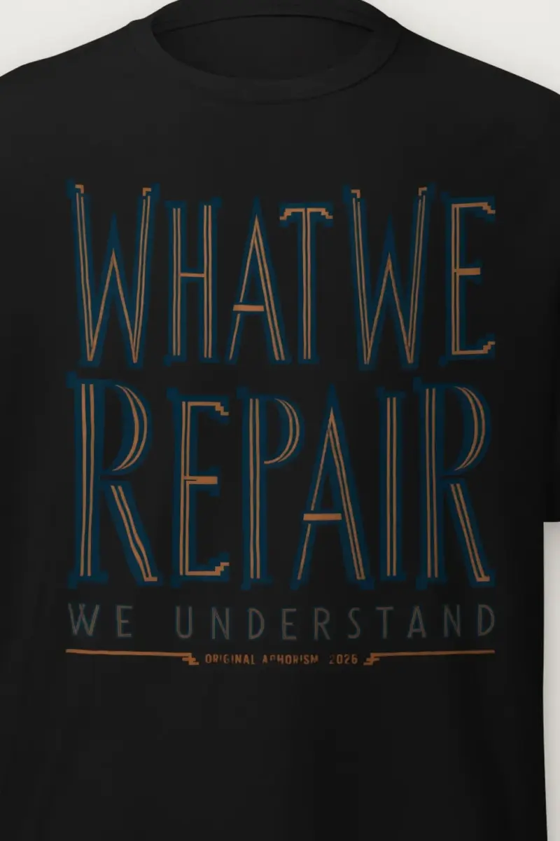 "What We Repair We Understand" Heavyweight Unisex Crewneck T-shirt - the graphic up close