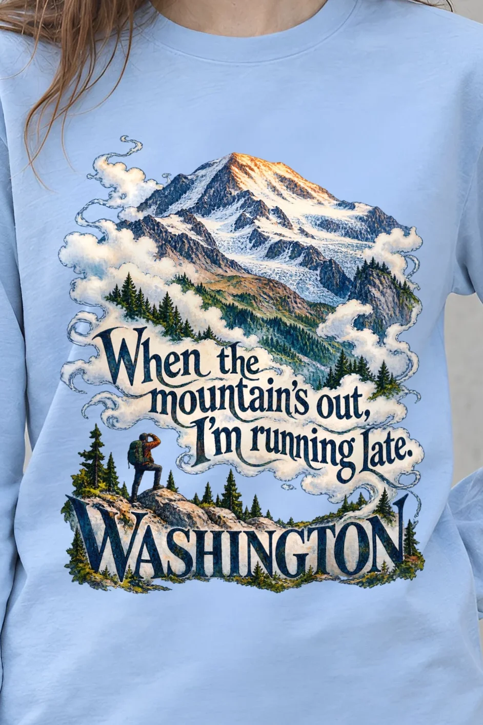 "When the Mountain’s Out" Unisex Longsleeve T-shirt - the graphic up close