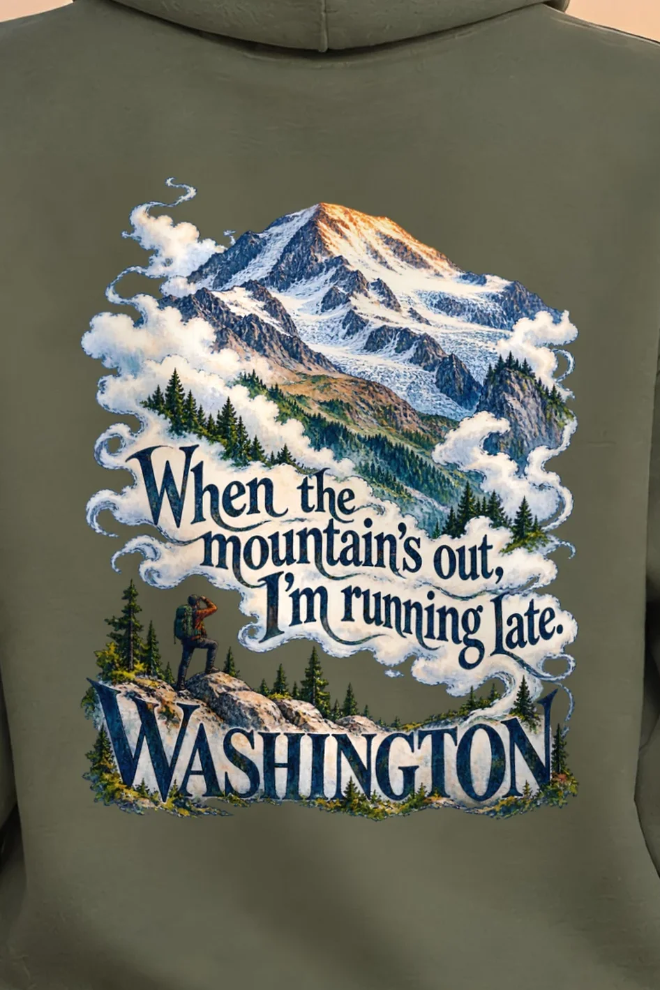 "When the Mountain’s Out" Unisex Pullover Hoodie - the graphic up close