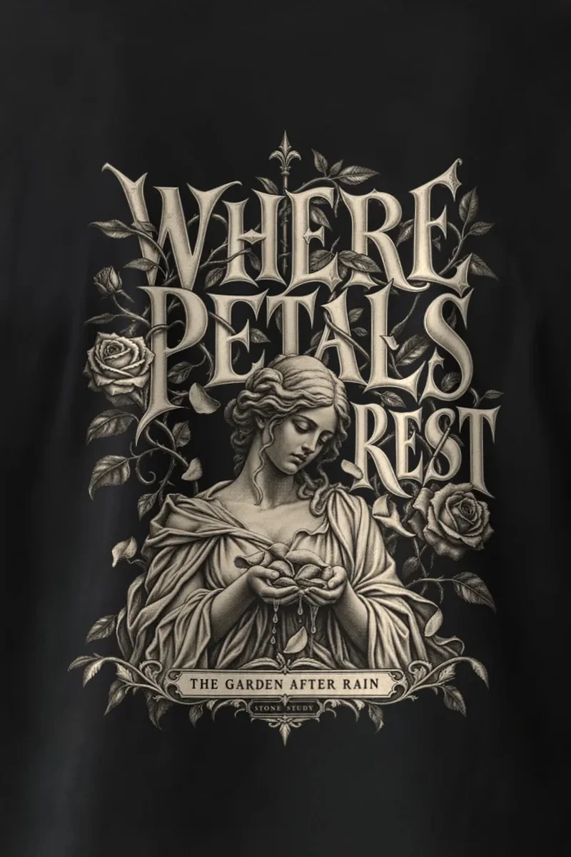 "Where Petals Rest" Heavyweight Unisex Crewneck T-shirt - the graphic up close