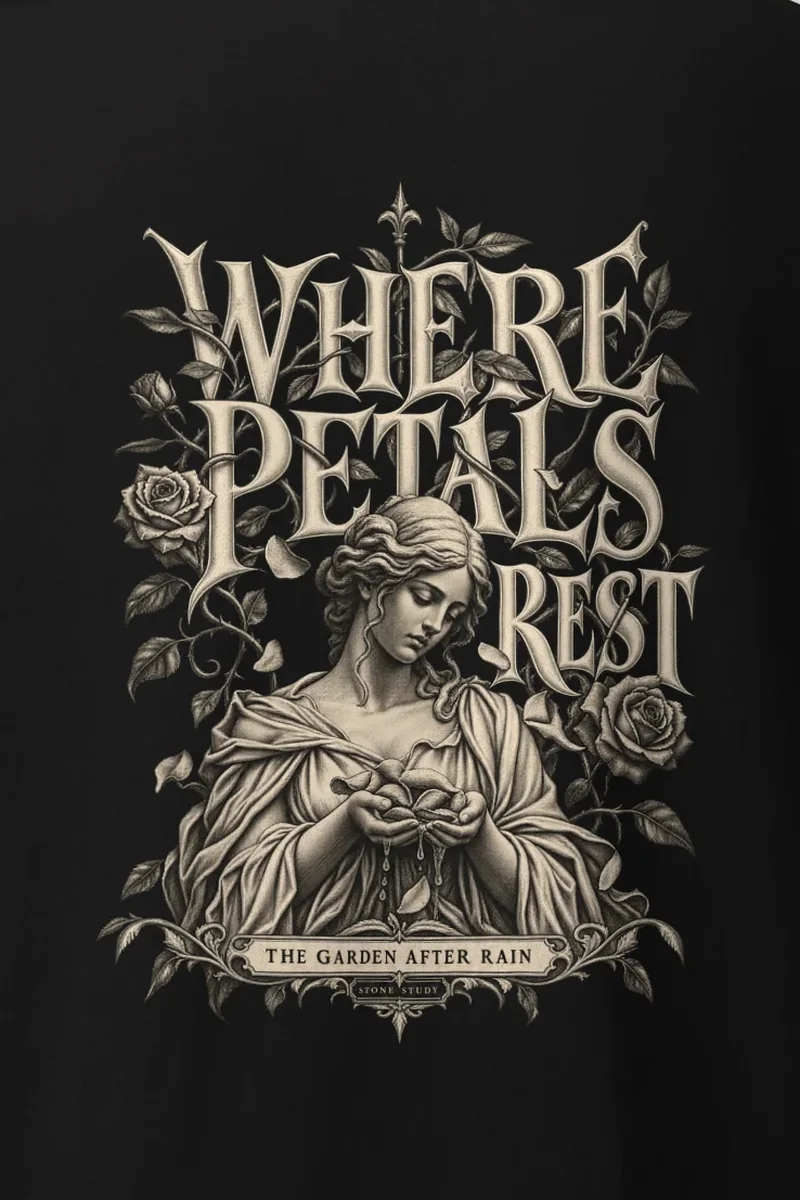 "Where Petals Rest" Heavyweight Unisex Crewneck T-shirt - the graphic up close