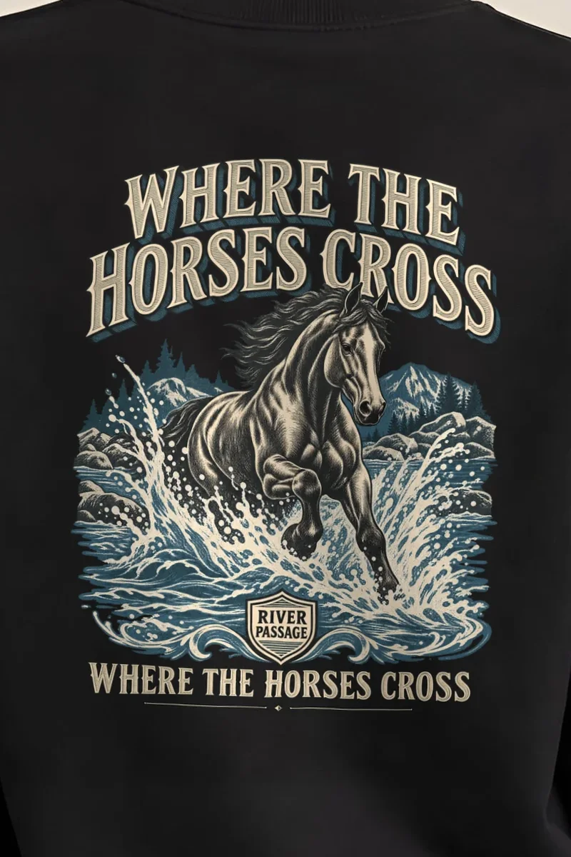 "Where the Horses Cross" Heavy Blend Unisex Crewneck Sweatshirt - the graphic up close