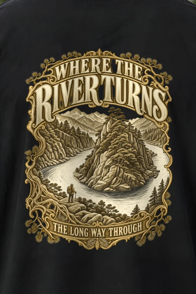 "WHERE THE RIVER TURNS" Men’s Oversized Heavyweight Crewneck T-Shirt - the graphic up close