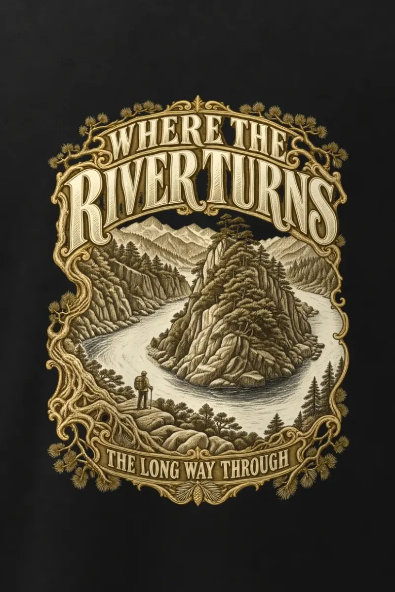 "WHERE THE RIVER TURNS" Men’s Oversized Heavyweight Crewneck T-Shirt - the graphic up close