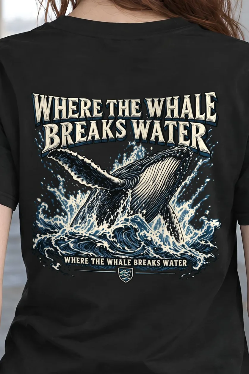 "Where the Whale Breaks Water" Heavyweight Unisex Crewneck T-shirt - the graphic up close