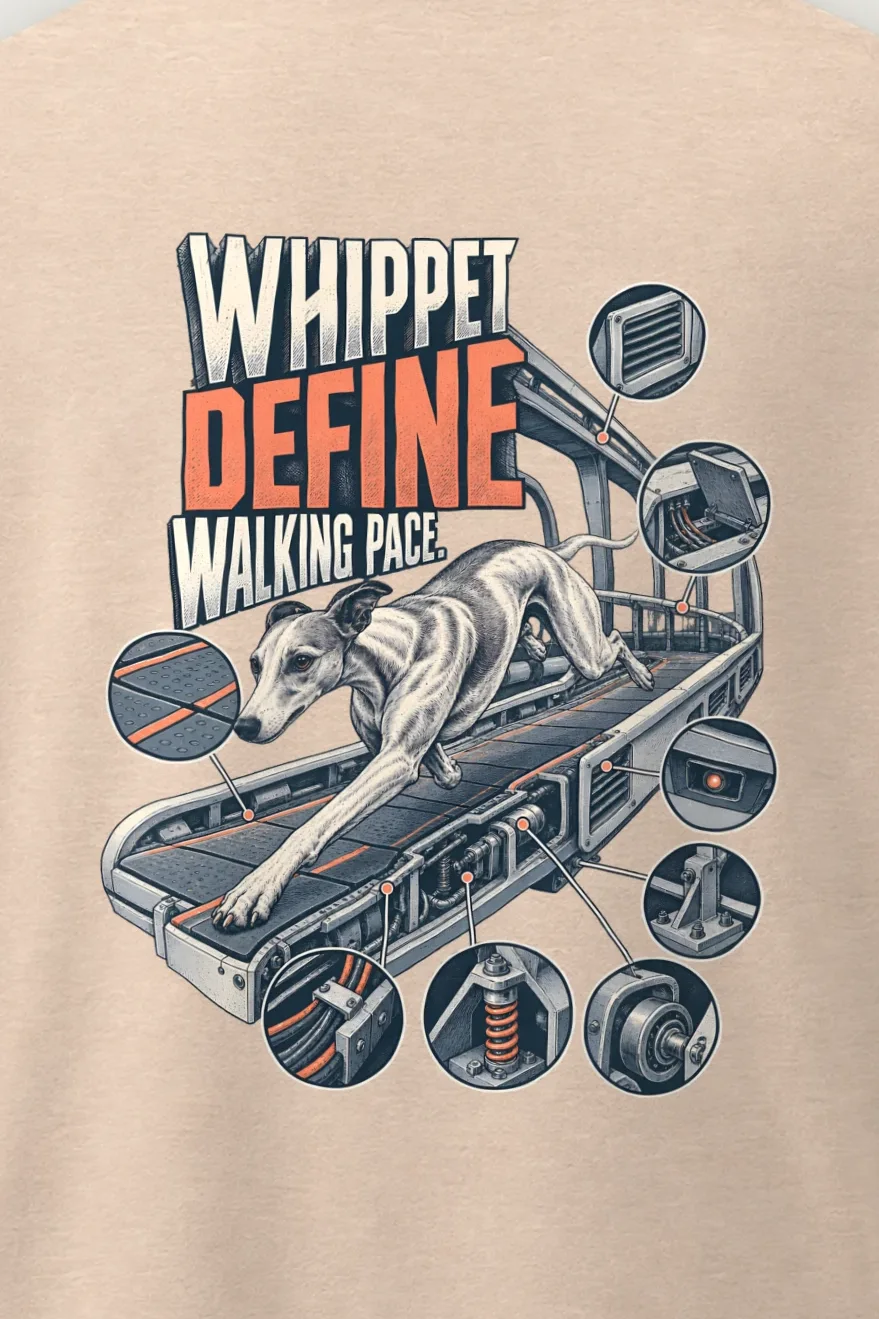 "Whippet Define Walking Pace" Men’s Oversized Heavyweight Crewneck T-Shirt - the graphic up close