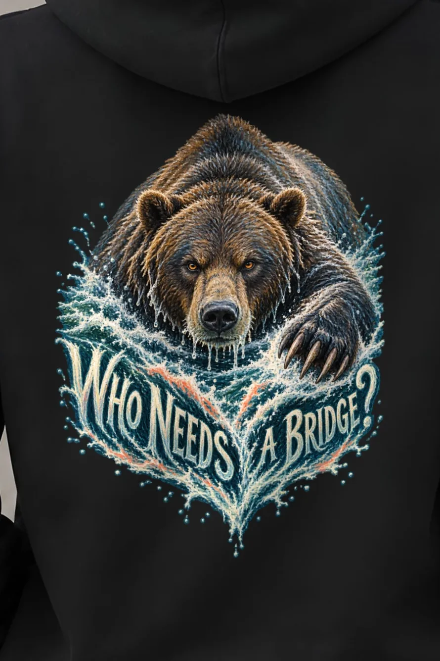 "Who Needs A Bridge?" Heavy Blend Unisex Pullover Hoodie - the graphic up close