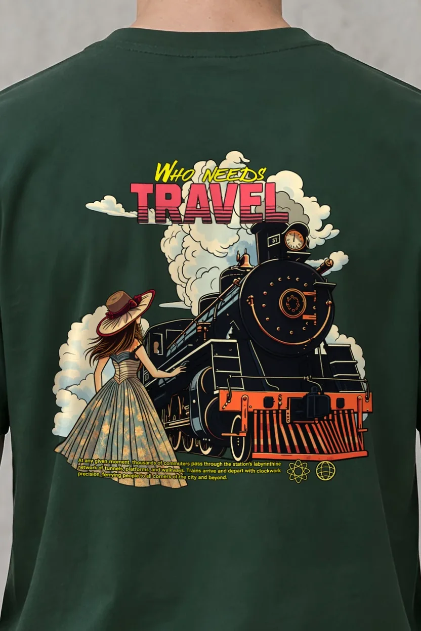 "Who Needs Travel" Heavyweight Unisex Crewneck T-shirt - the graphic up close