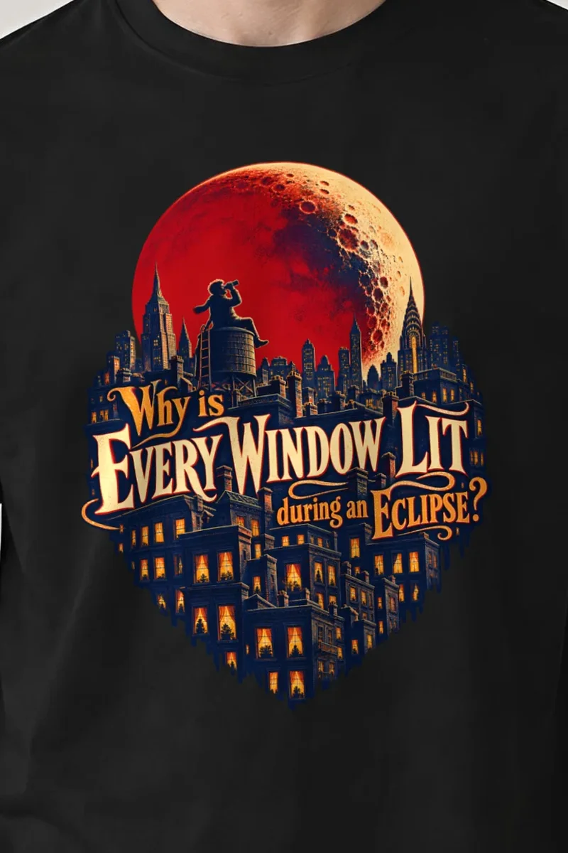 "Why Is Every Window Lit" Heavyweight Unisex Crewneck T-shirt - the graphic up close