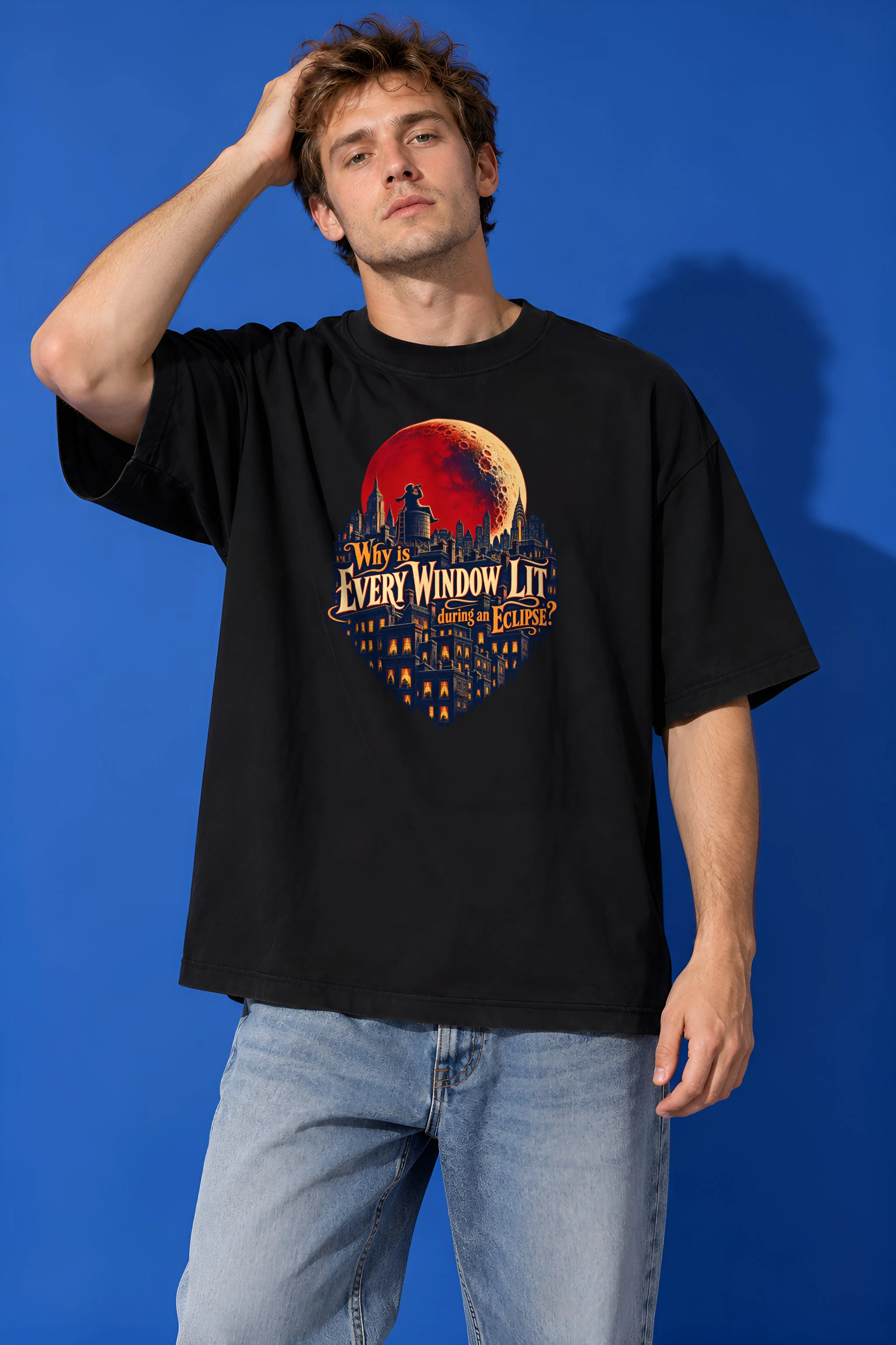 "Why Is Every Window Lit" Unisex Oversized Heavyweight Crewneck T-Shirt