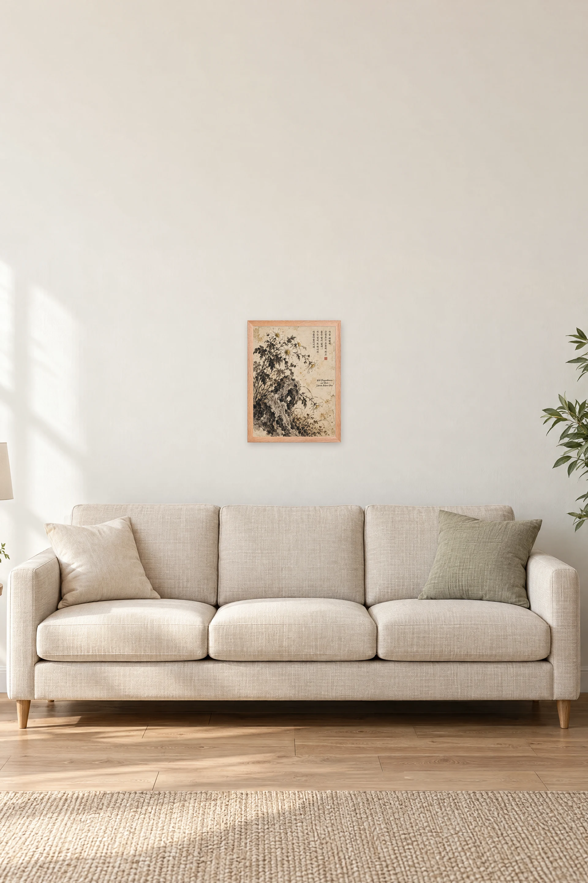 "Wild Chrysanthemum and Rock" Premium Wooden Framed Poster — Natural Wood frame, 12 × 16 in