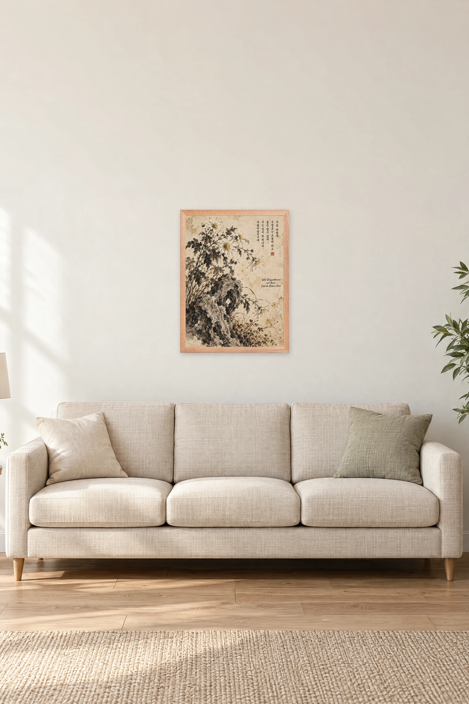 "Wild Chrysanthemum and Rock" Premium Wooden Framed Poster — Natural Wood frame, 18 × 24 in