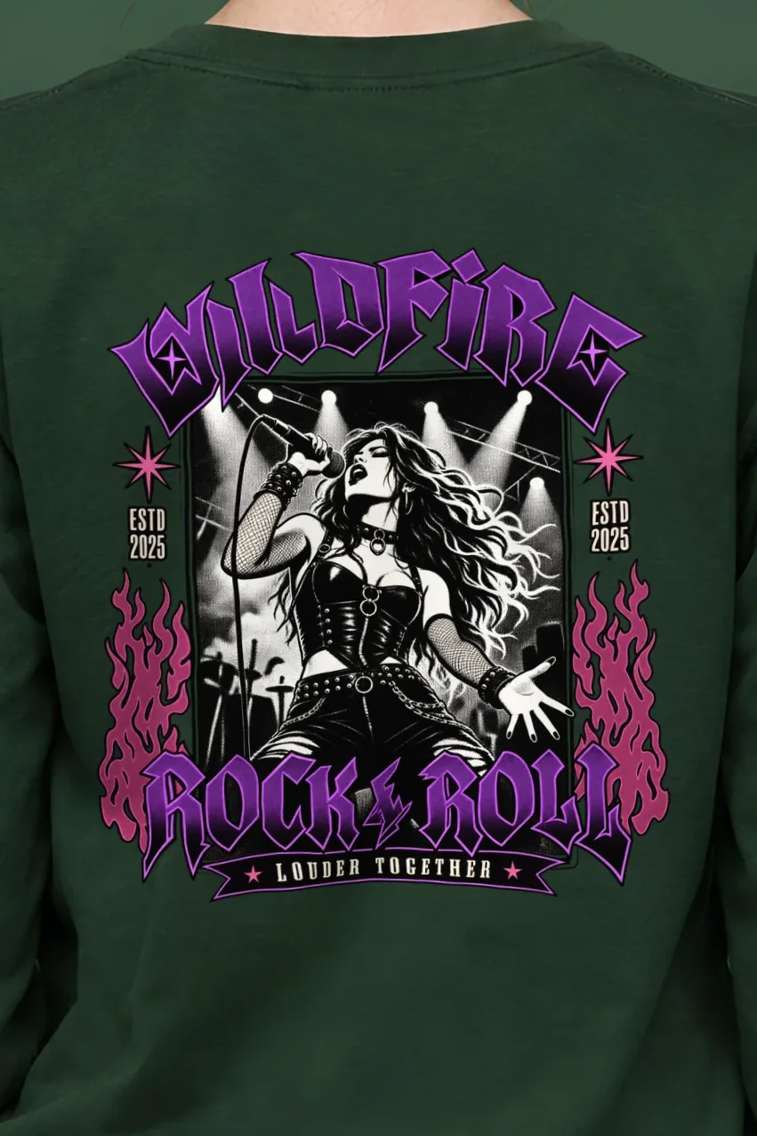 "Wildfire Rock & Roll" Unisex Longsleeve T-shirt - the graphic up close