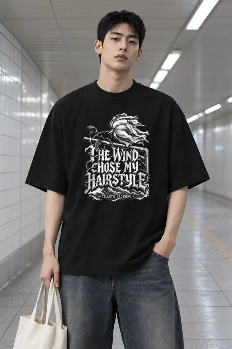 "Wind Chose My Hairstyle" Men's Oversized Heavyweight Crewneck T-Shirt