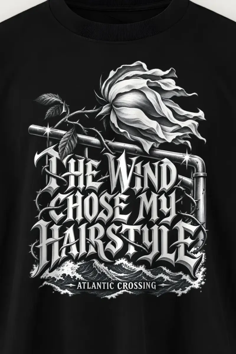 "Wind Chose My Hairstyle" Men’s Oversized Heavyweight Crewneck T-Shirt - the graphic up close