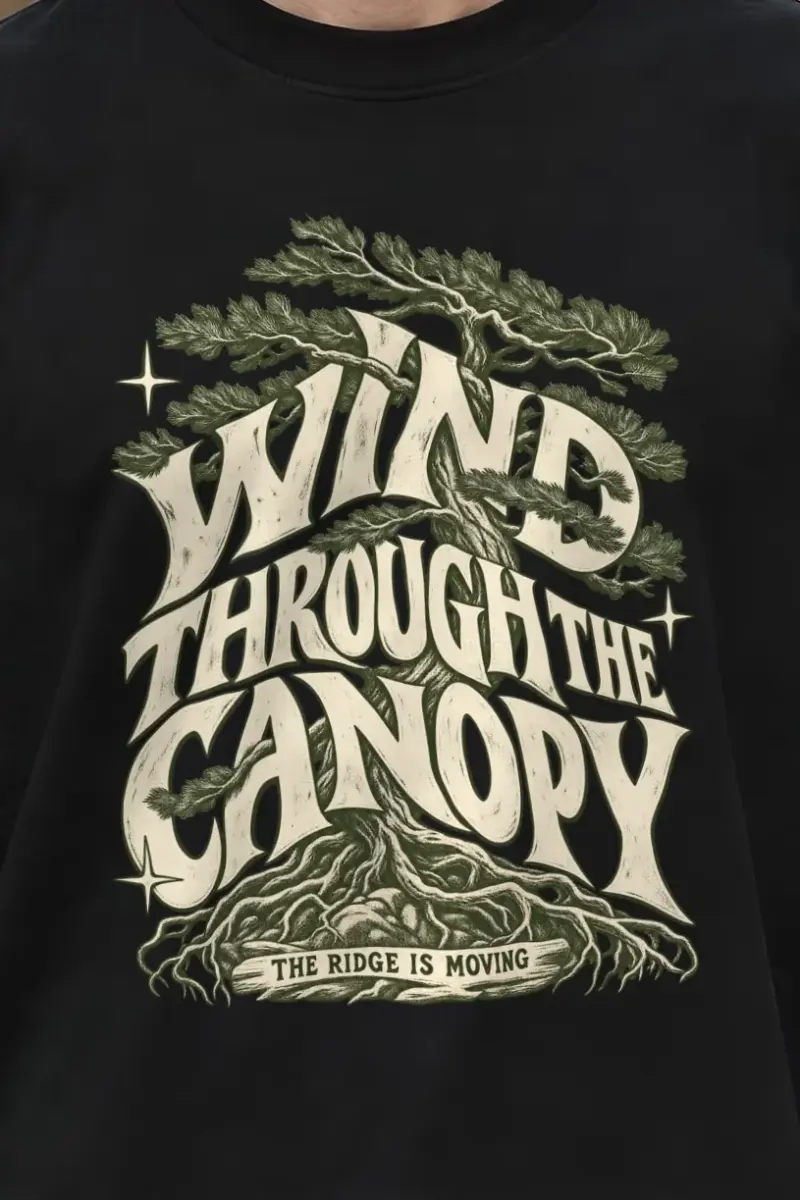 "Wind Through the Canopy" Men’s Oversized Heavyweight Crewneck T-Shirt - the graphic up close