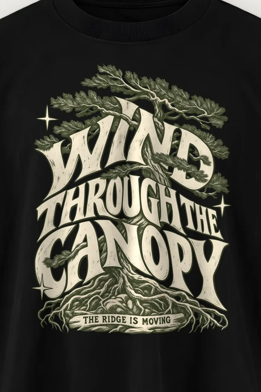 "Wind Through the Canopy" Men’s Oversized Heavyweight Crewneck T-Shirt - the graphic up close