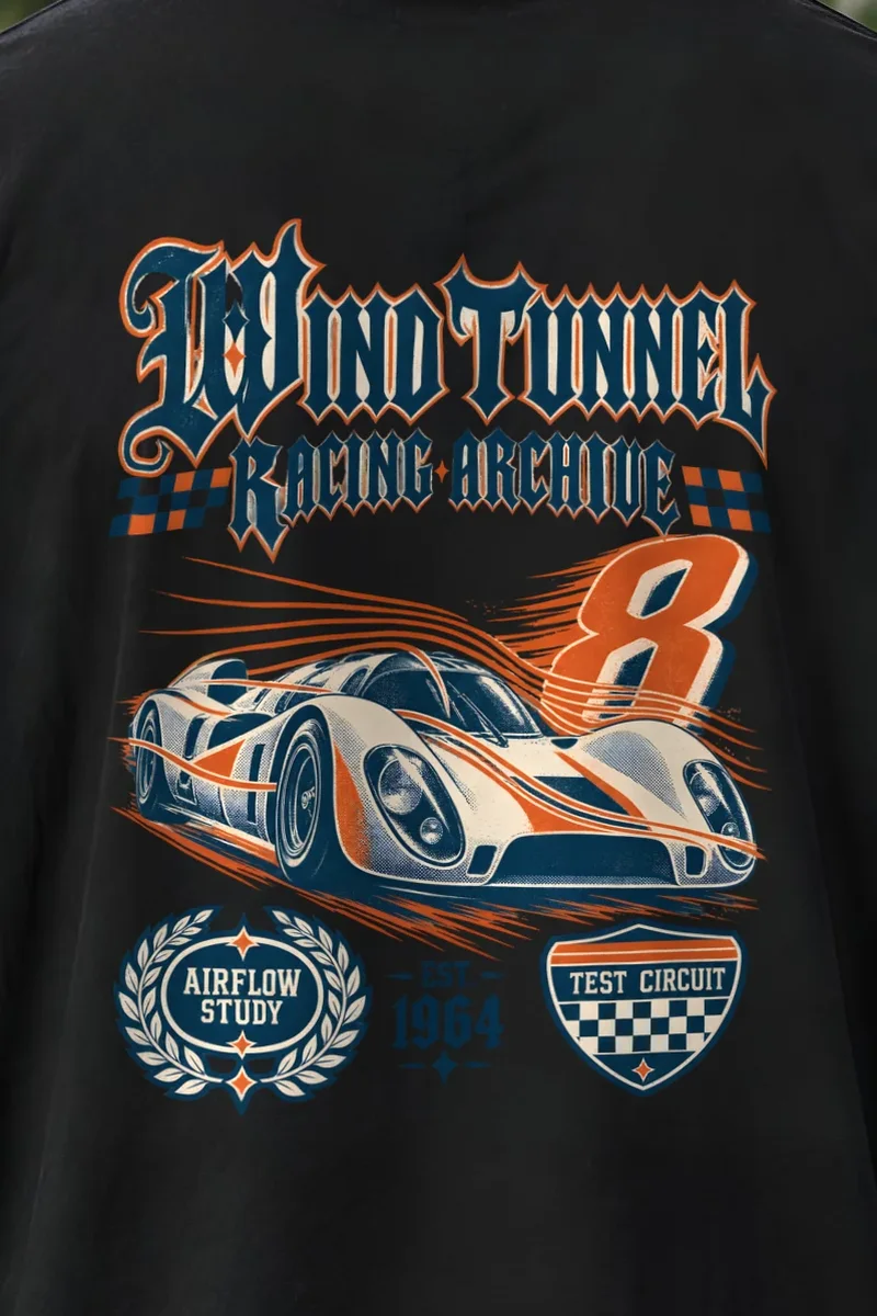 "Wind Tunnel Racing Archive" Men’s Oversized Heavyweight Crewneck T-Shirt - the graphic up close