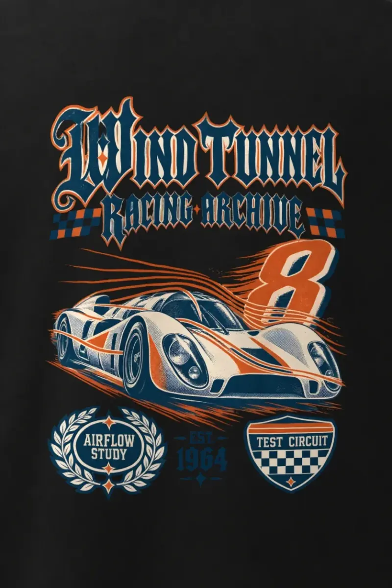 "Wind Tunnel Racing Archive" Men’s Oversized Heavyweight Crewneck T-Shirt - the graphic up close