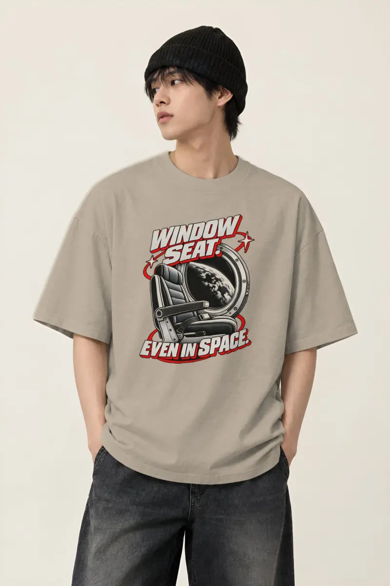 “Window Seat Even In Space” Men’s Oversized Heavyweight Crewneck T-Shirt
