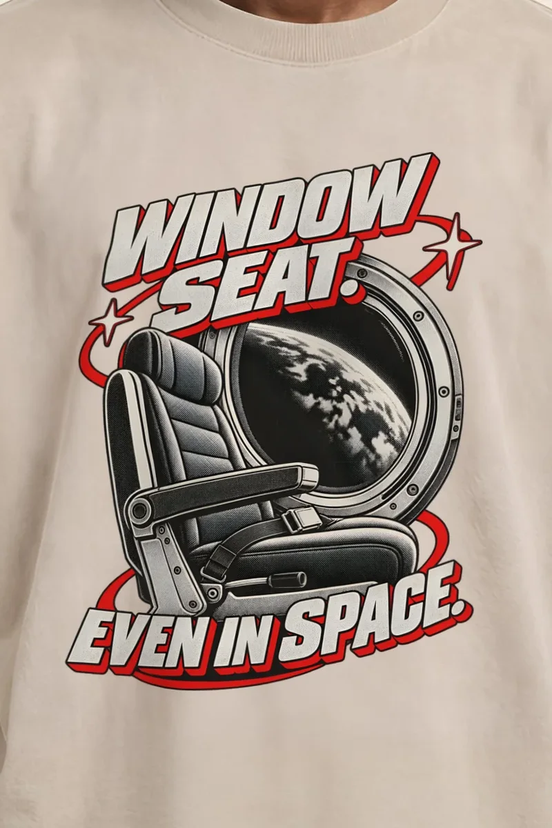 "Window Seat Even In Space" Men’s Oversized Heavyweight Crewneck T-Shirt - the graphic up close