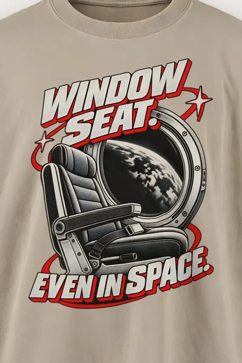 "Window Seat Even In Space" Men’s Oversized Heavyweight Crewneck T-Shirt - the graphic up close
