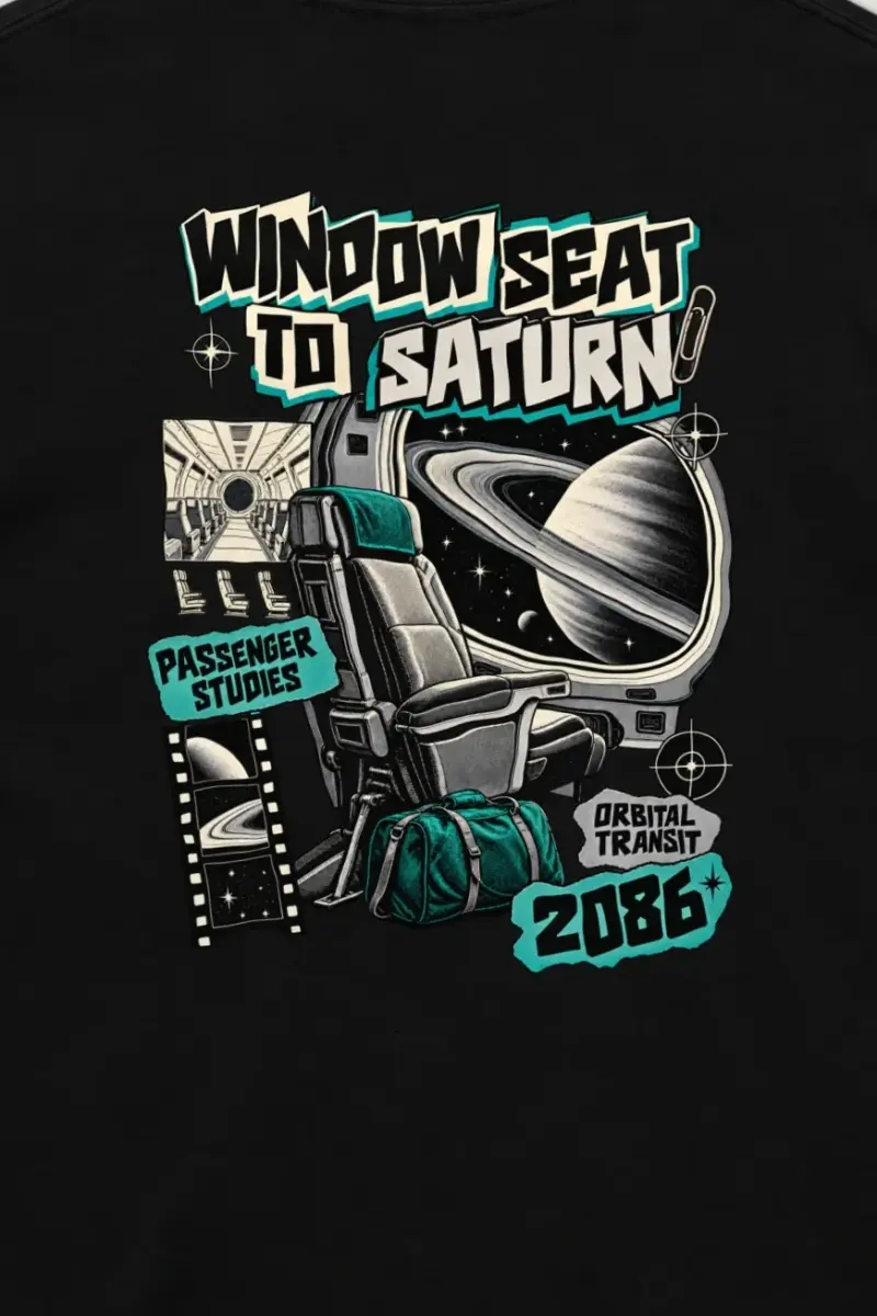 "Window Seat to Saturn" Unisex Longsleeve T-shirt - the graphic up close