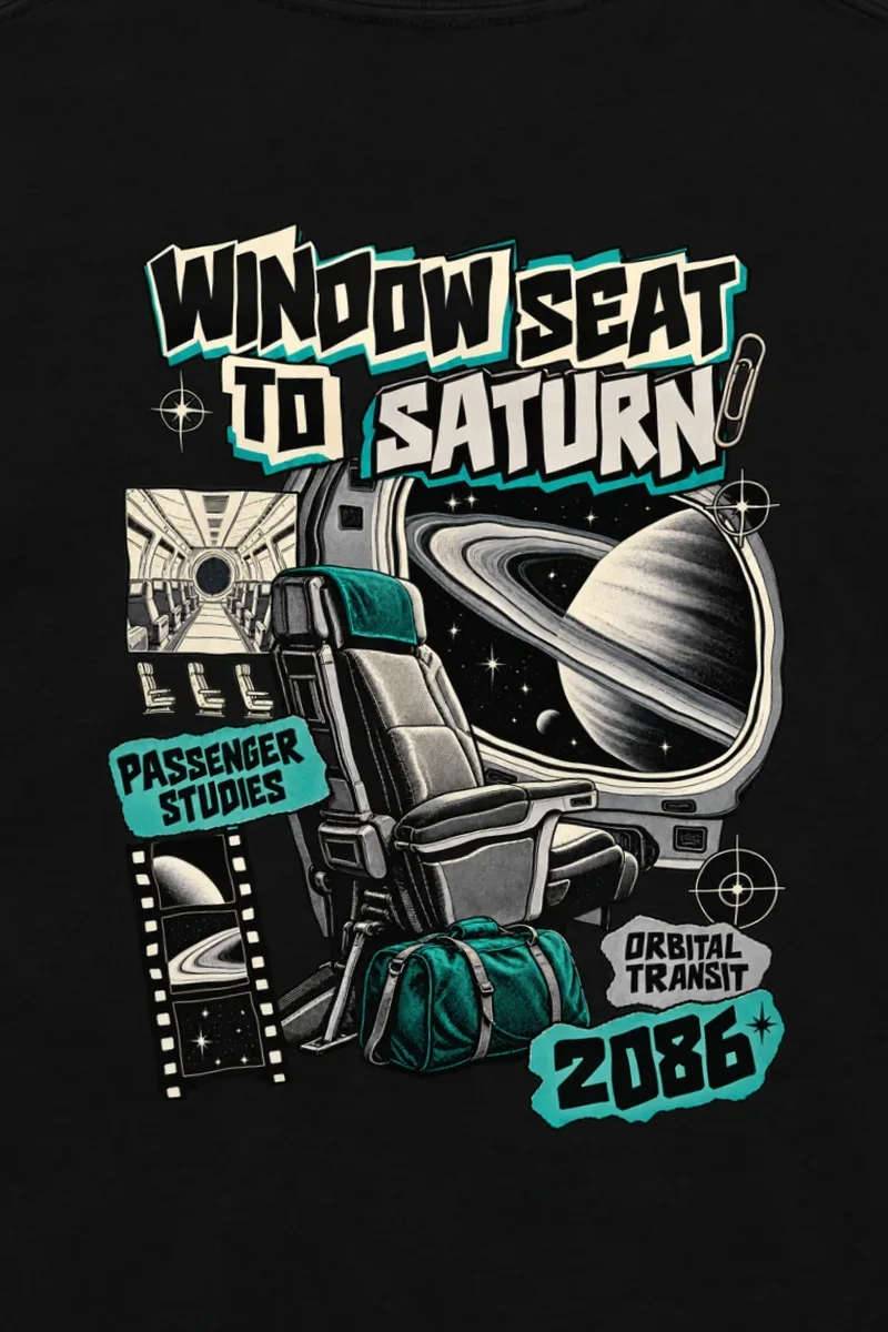"Window Seat to Saturn" Unisex Longsleeve T-shirt - the graphic up close