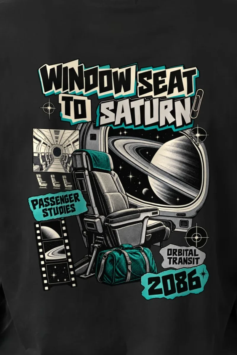 "Window Seat to Saturn" Unisex Longsleeve T-shirt - the graphic up close