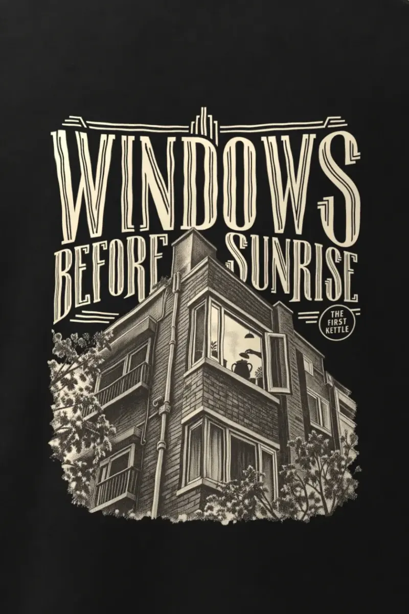 "Windows Before Sunrise" Men’s Oversized Heavyweight Crewneck T-Shirt - the graphic up close