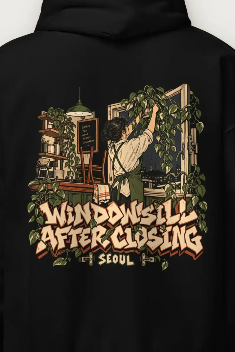 "Windowsill After Closing" Heavy Blend Unisex Pullover Hoodie - the graphic up close