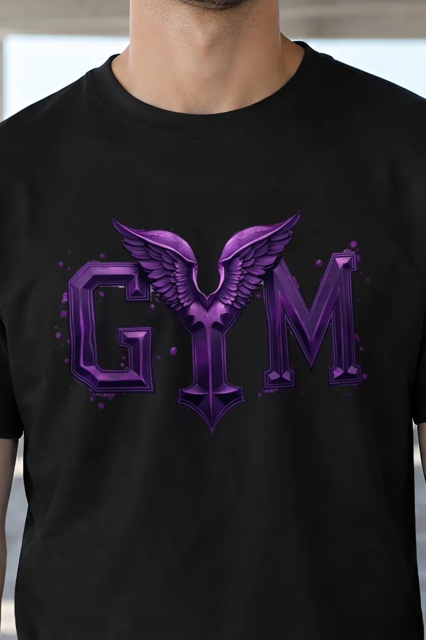 "Winged Gym Gothic" Heavyweight Unisex Crewneck T-shirt - the graphic up close