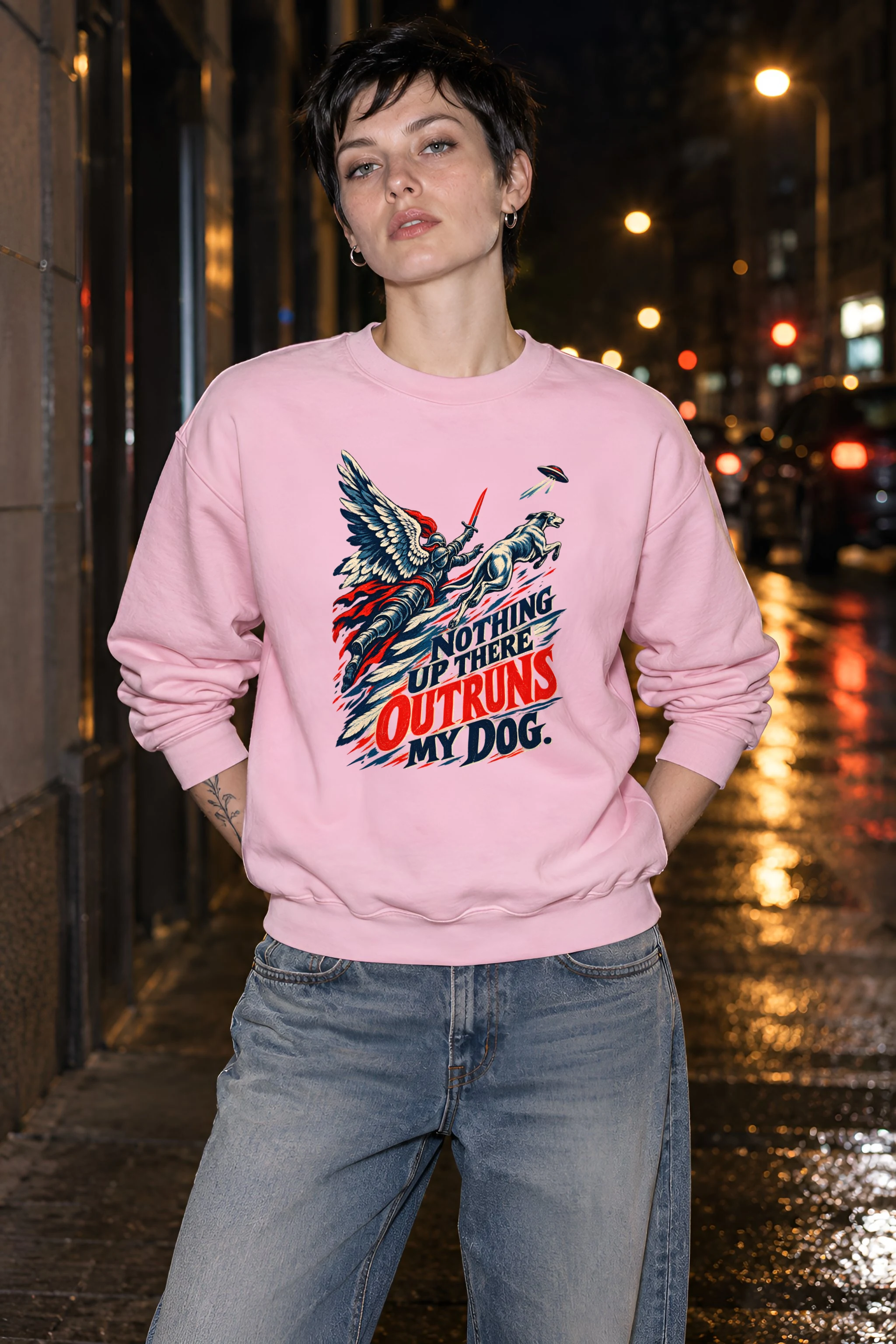 "Winged Knight Dog Chase" Unisex Crewneck Sweatshirt
