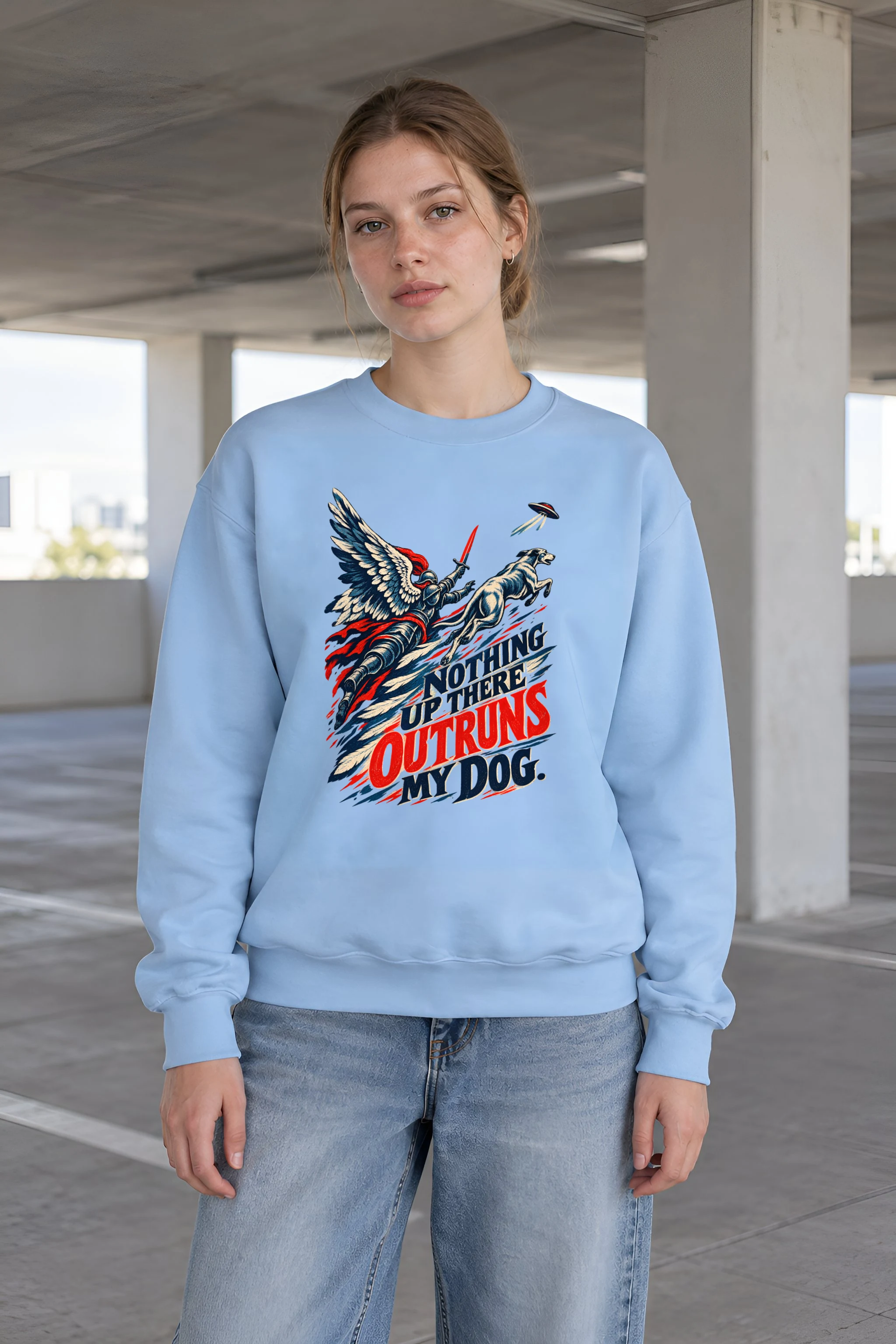 "Winged Knight Dog Chase" Unisex Crewneck Sweatshirt