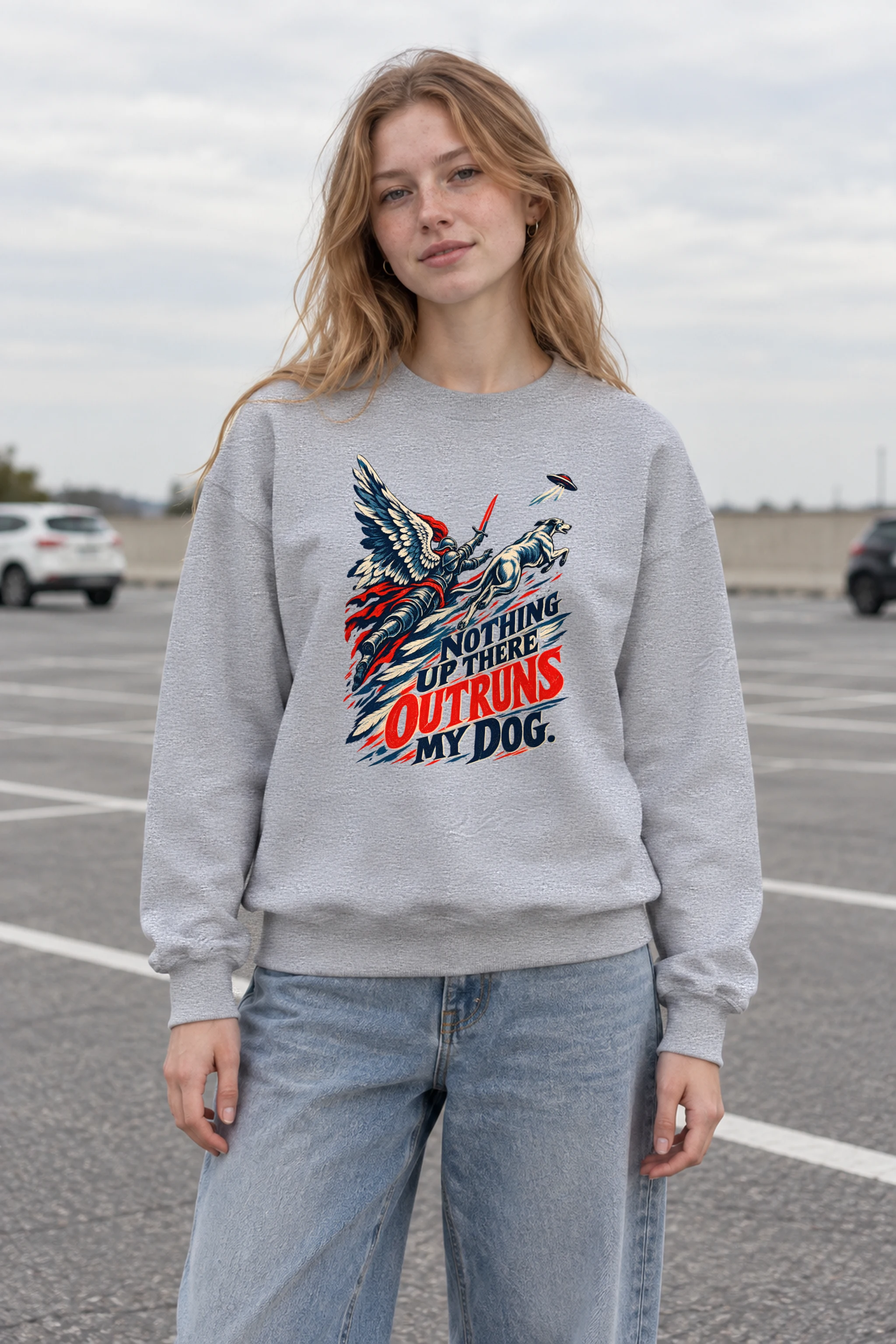 "Winged Knight Dog Chase" Unisex Crewneck Sweatshirt