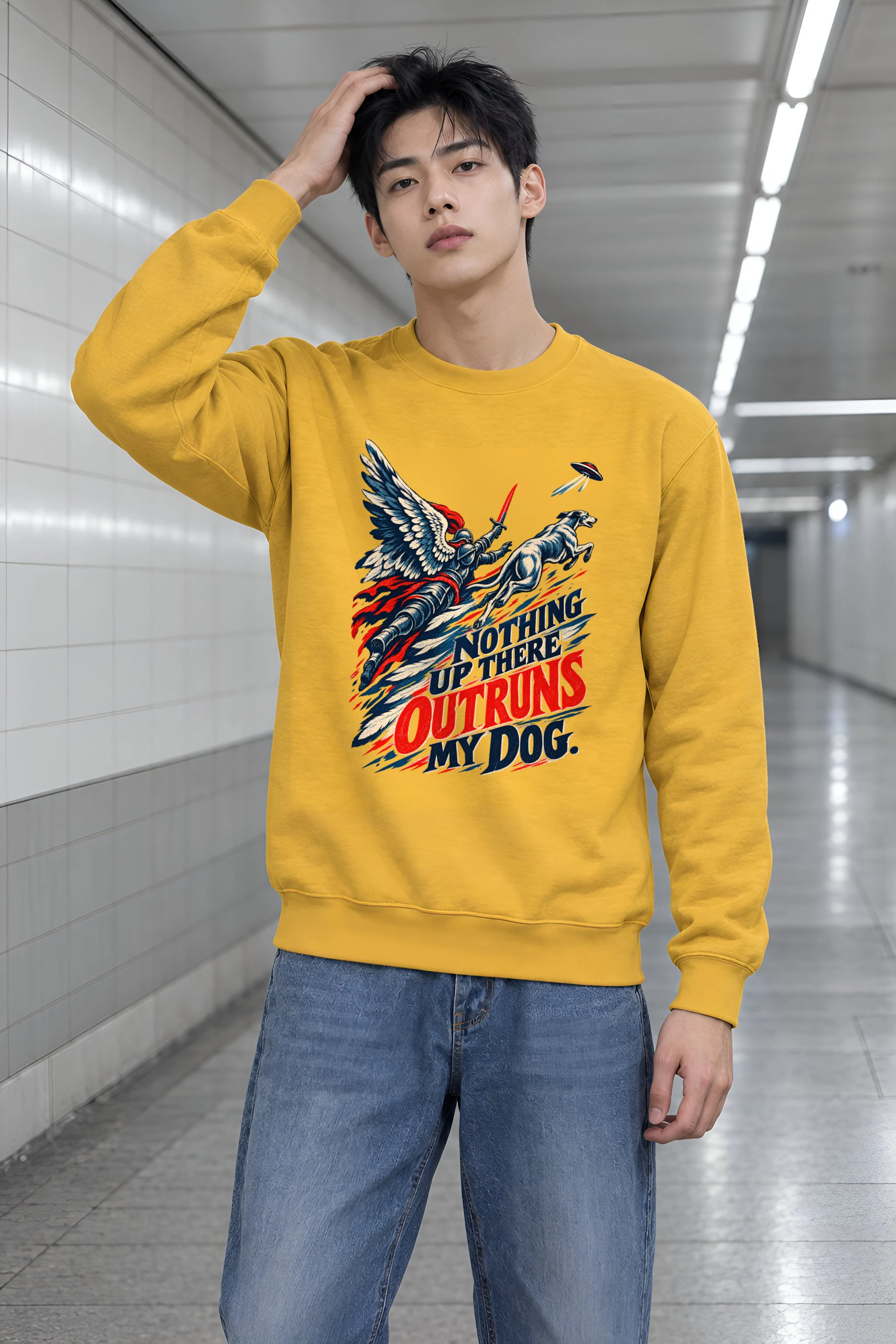 "Winged Knight Dog Chase" Unisex Crewneck Sweatshirt