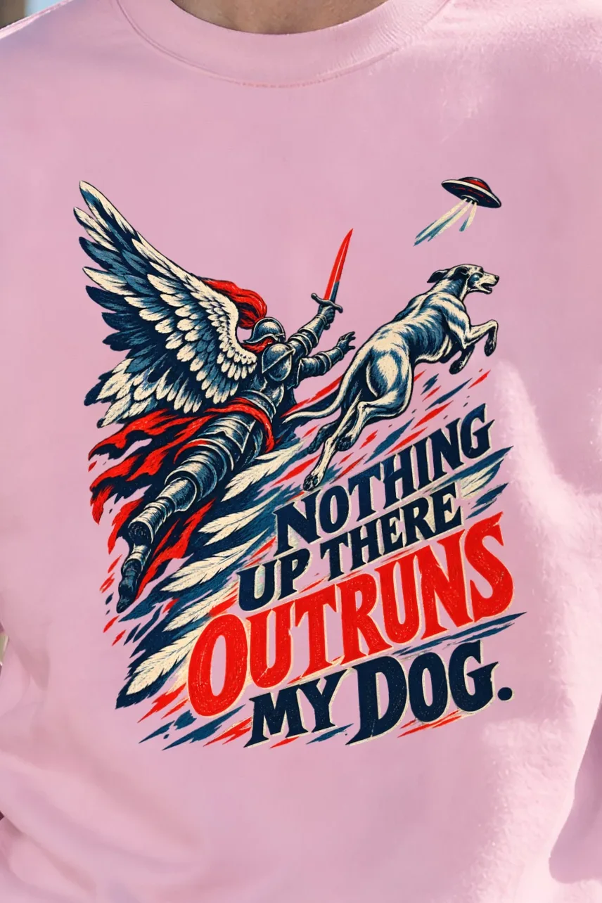 "Winged Knight Dog Chase" Unisex Crewneck Sweatshirt - the graphic up close