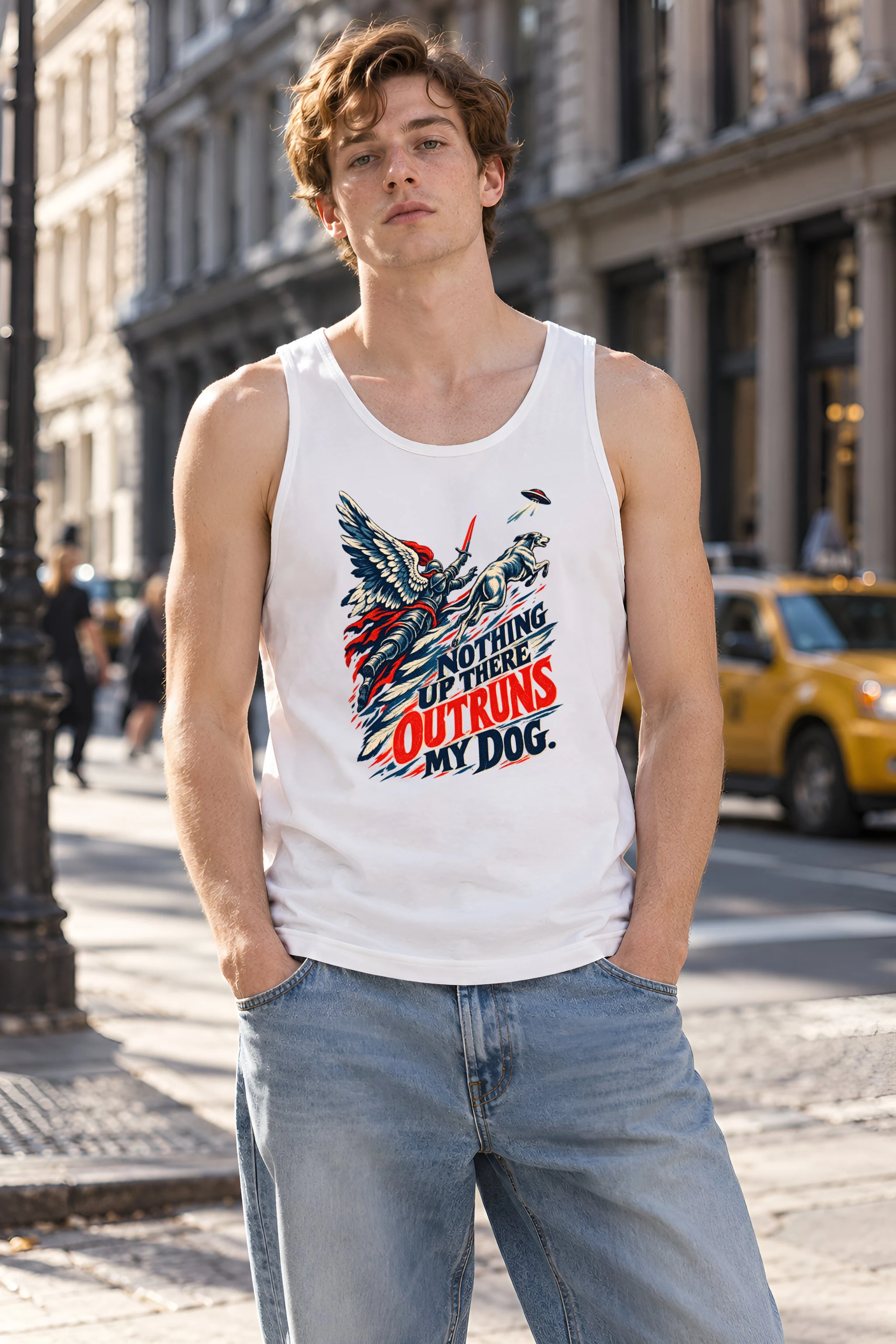 "Winged Knight Dog Chase" Unisex Jersey Tank