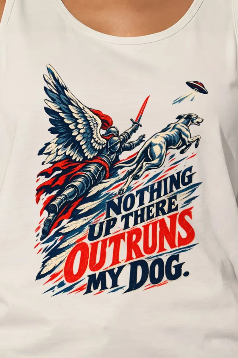 "Winged Knight Dog Chase" Unisex Jersey Tank - the graphic up close