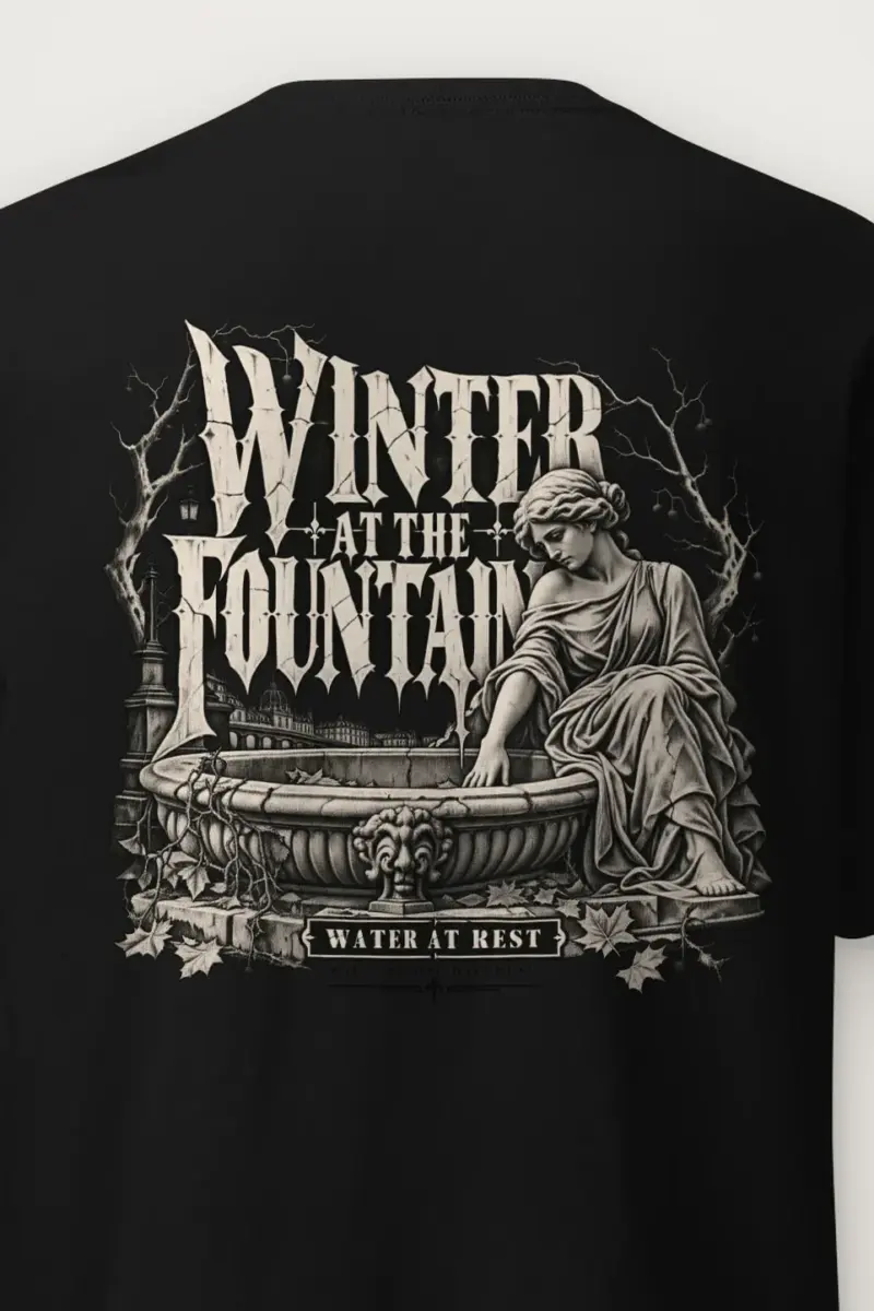"Winter at the Fountain" Heavyweight Unisex Crewneck T-shirt - the graphic up close