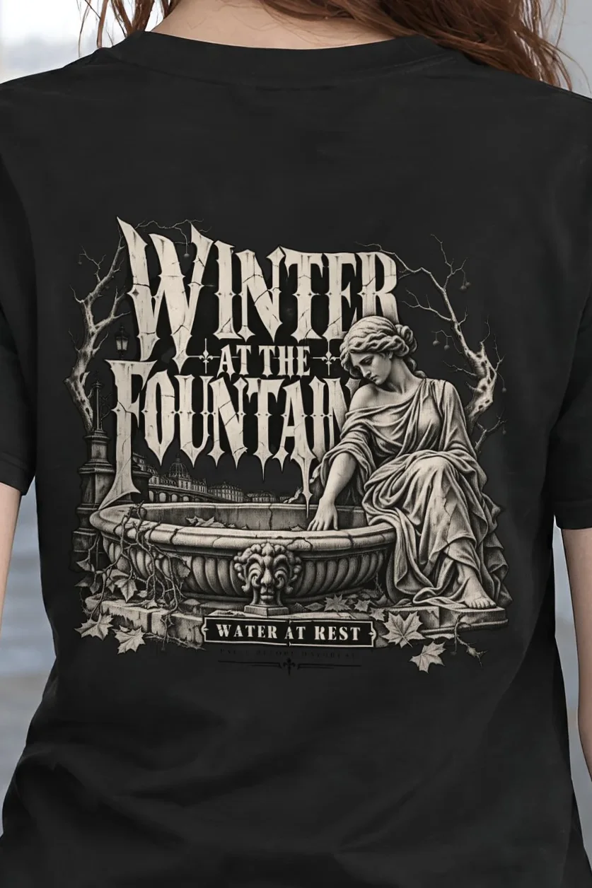 "Winter at the Fountain" Heavyweight Unisex Crewneck T-shirt - the graphic up close
